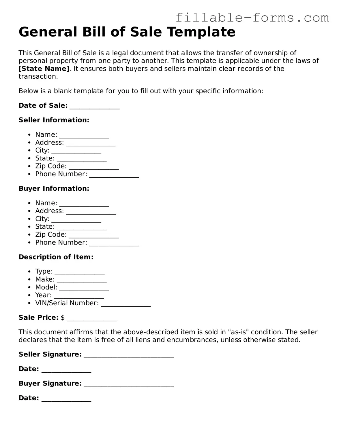 Printable General Bill of Sale Form