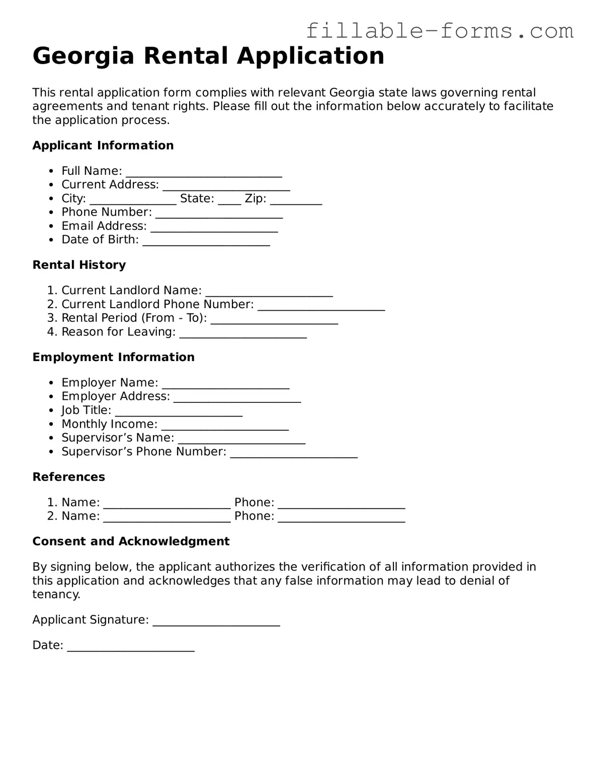 Printable  Rental Application Form for Georgia