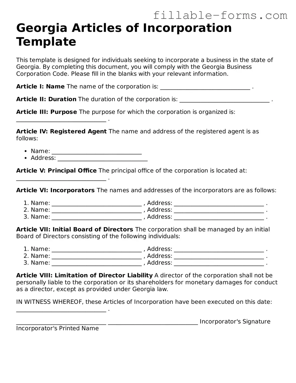 Printable  Articles of Incorporation Form for Georgia