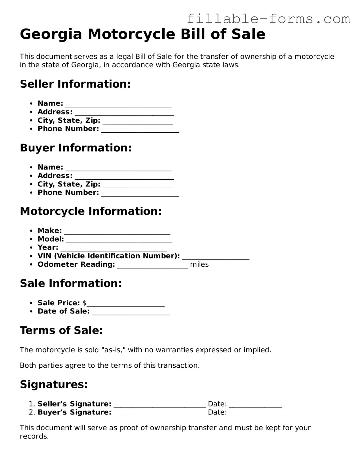 Printable  Motorcycle Bill of Sale Form for Georgia