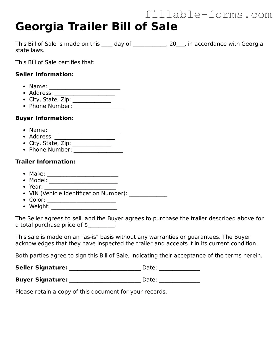 Printable  Trailer Bill of Sale Form for Georgia