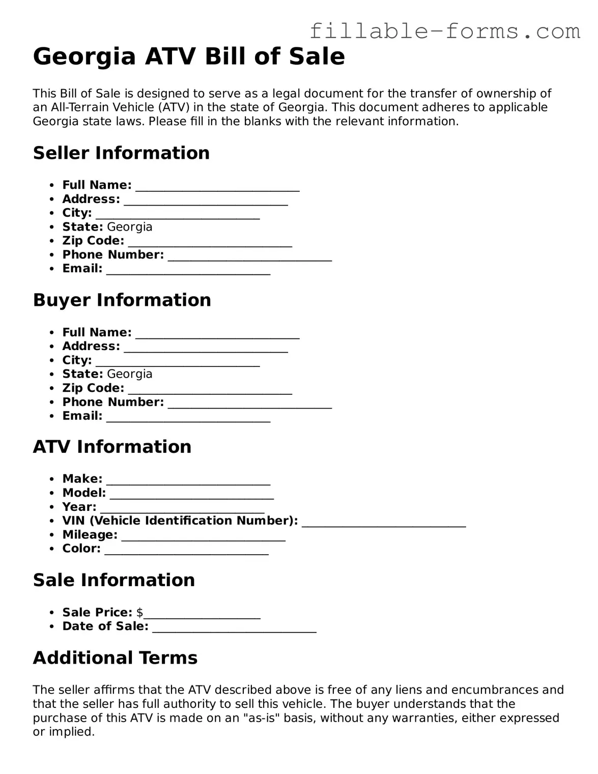 Printable  ATV Bill of Sale Form for Georgia