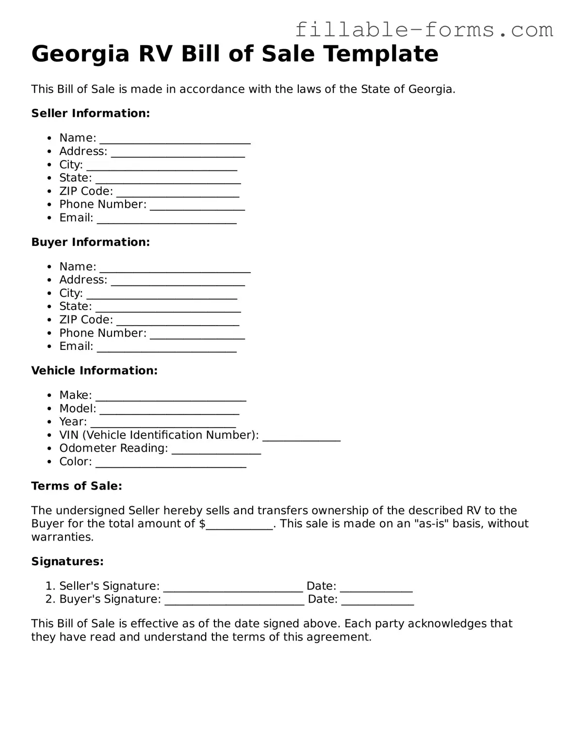 Printable  RV Bill of Sale Form for Georgia