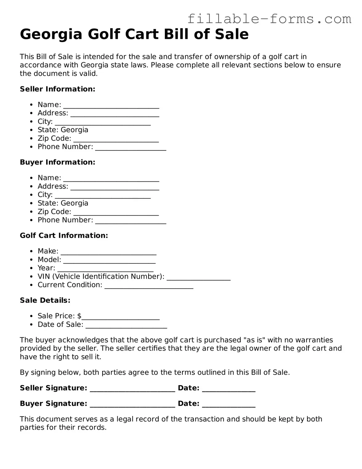 Printable  Golf Cart Bill of Sale Form for Georgia
