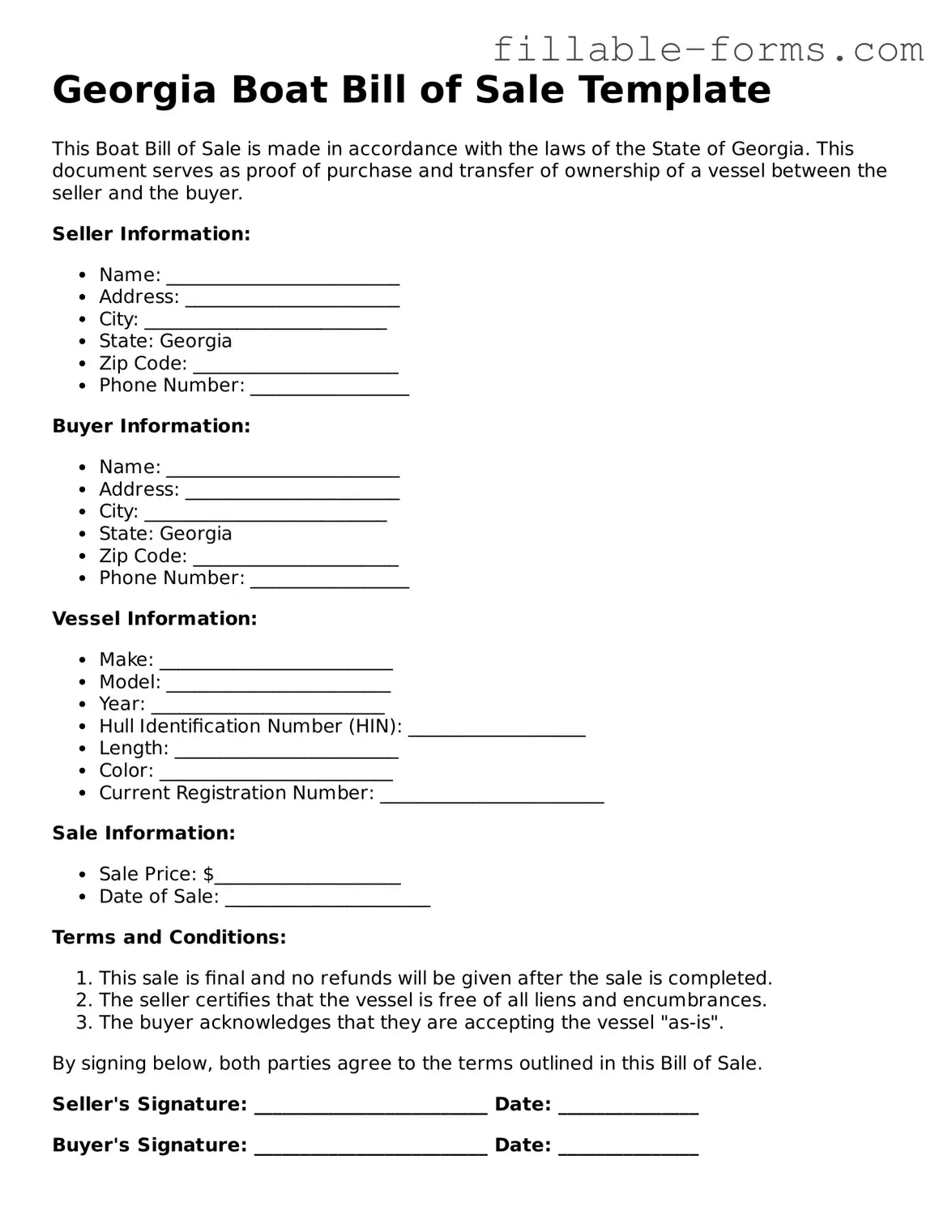 Printable  Boat Bill of Sale Form for Georgia