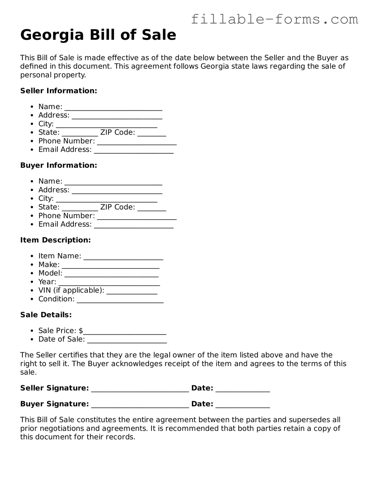 Printable  Bill of Sale Form for Georgia