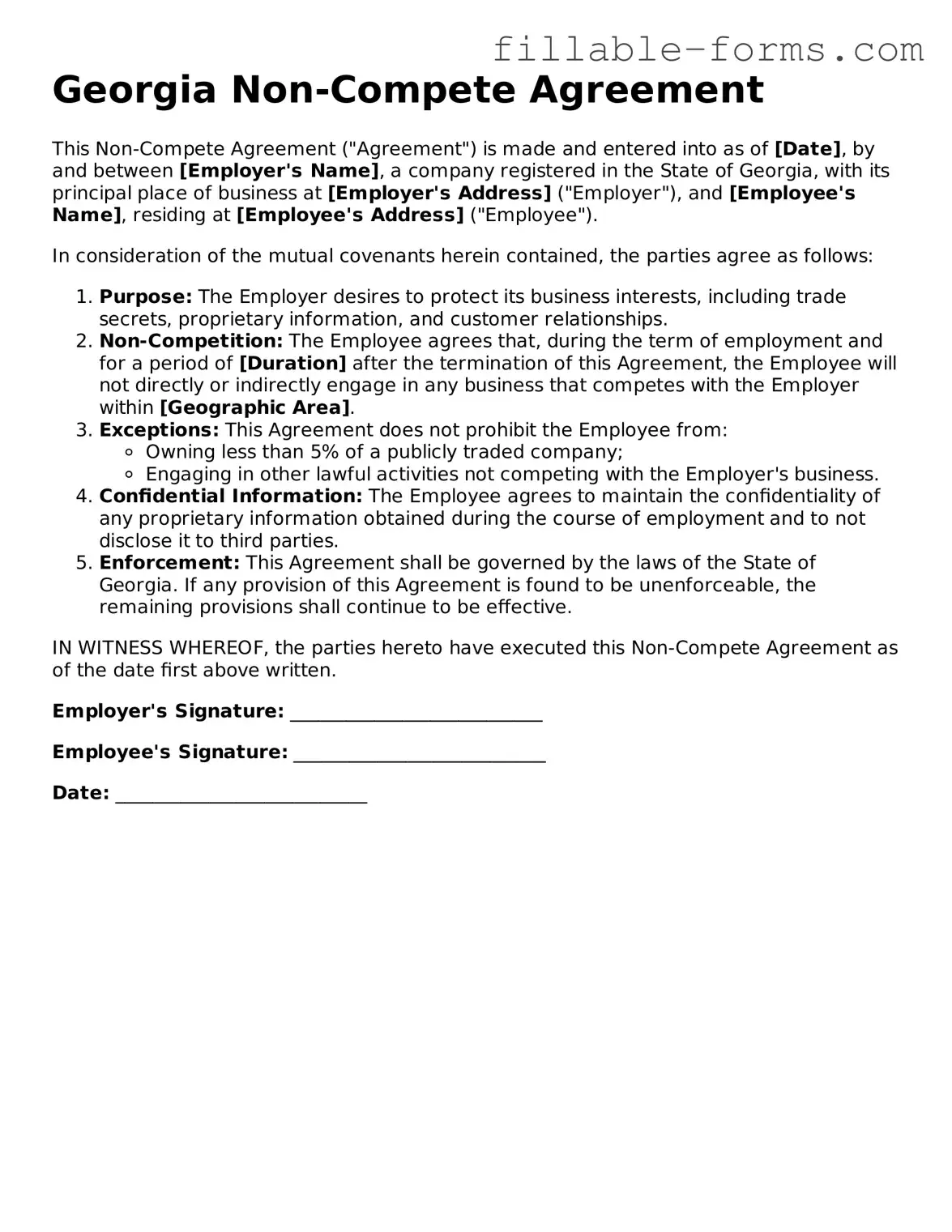 Printable  Non-compete Agreement Form for Georgia
