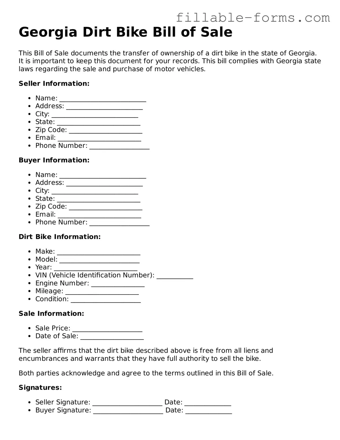 Printable  Dirt Bike Bill of Sale Form for Georgia
