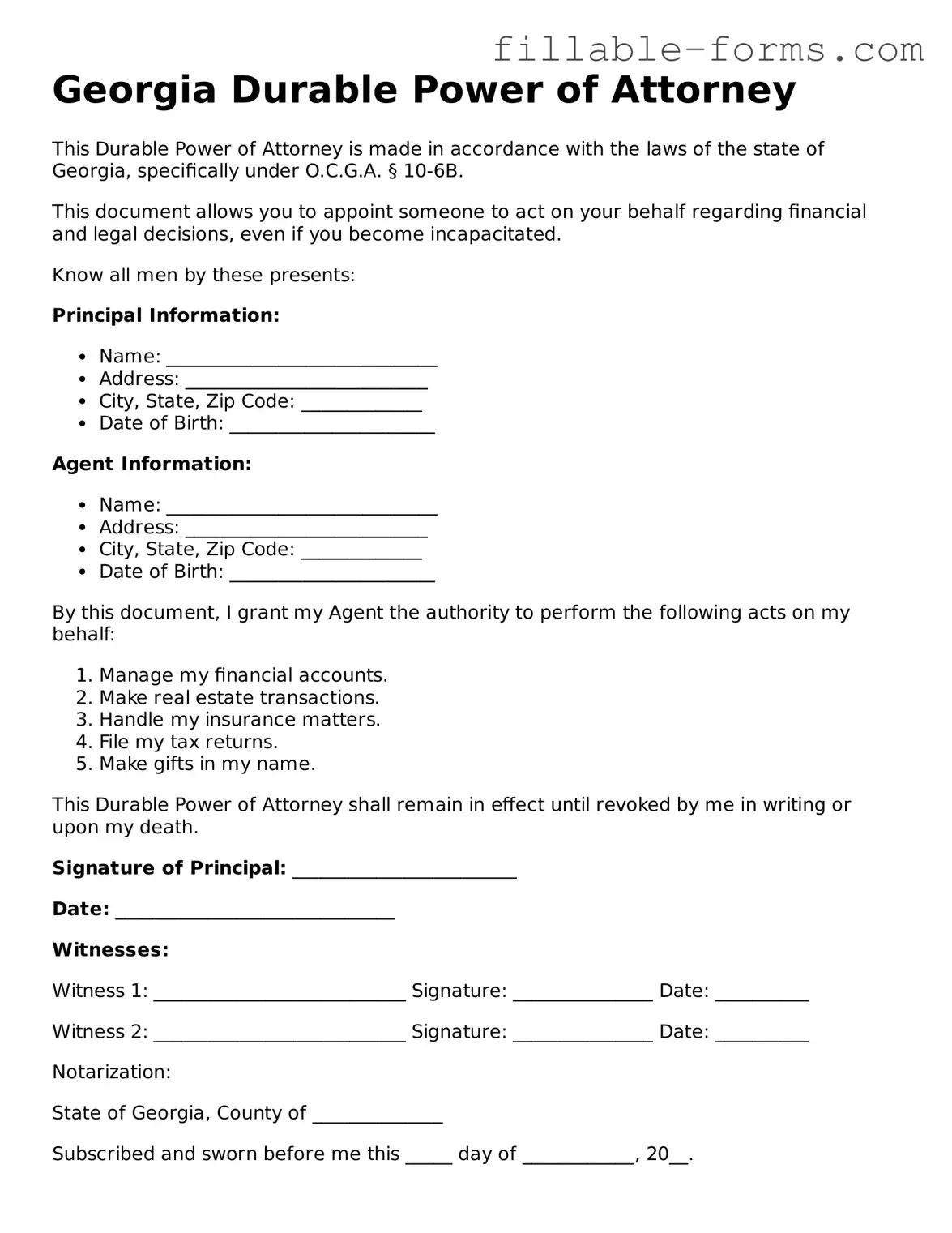 Printable  Durable Power of Attorney Form for Georgia