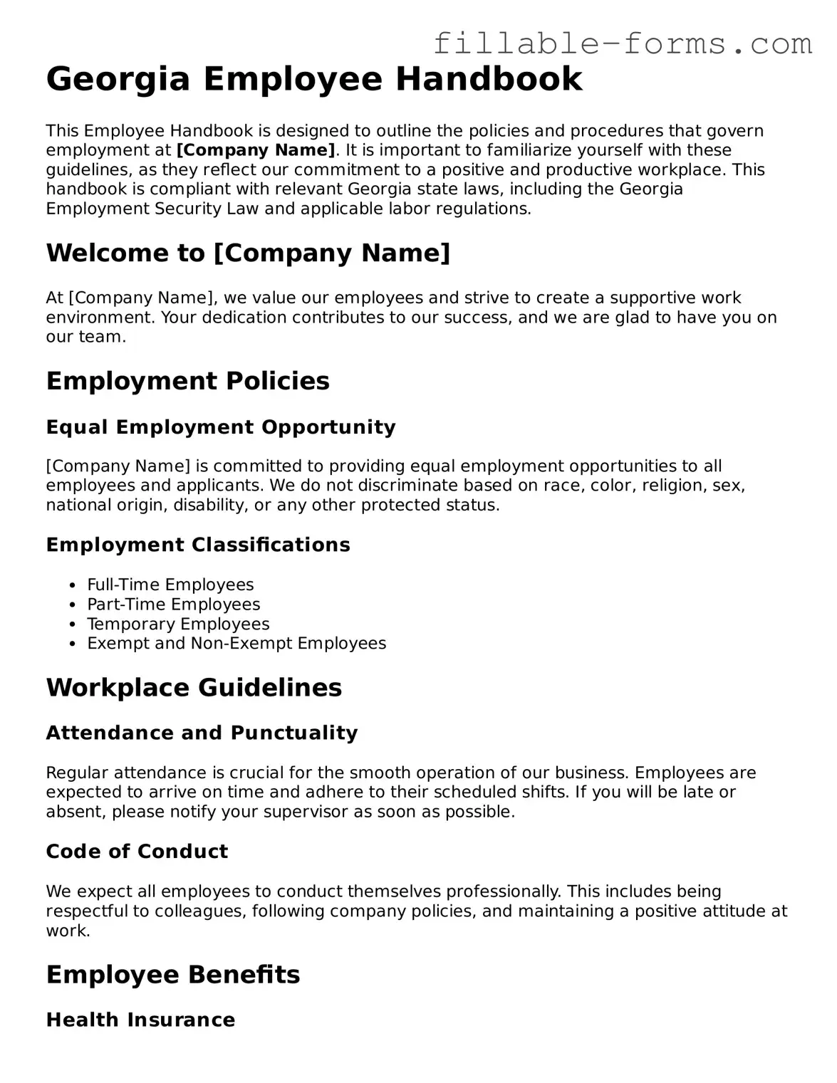 Printable  Employee Handbook Form for Georgia