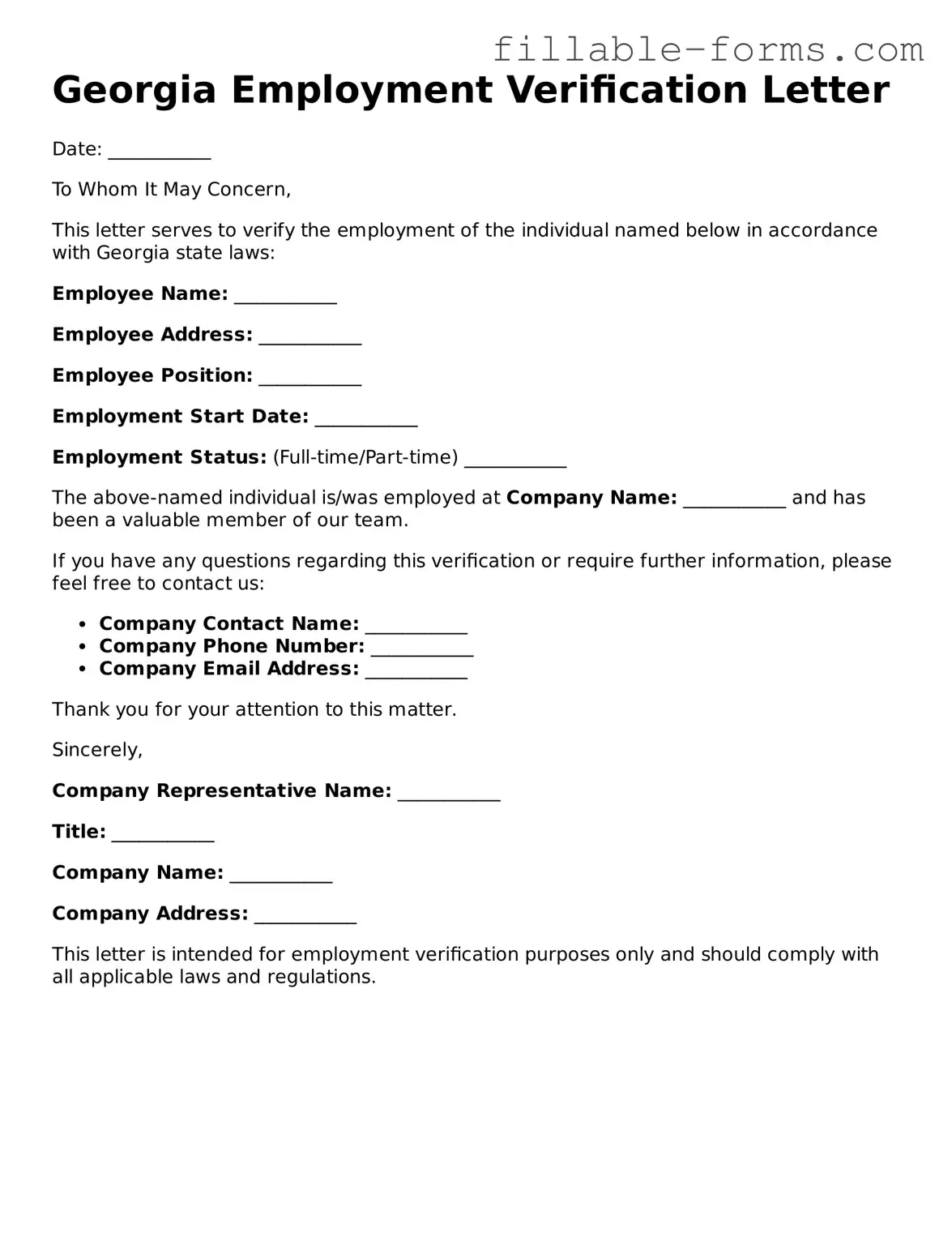 Printable  Employment Verification Form for Georgia