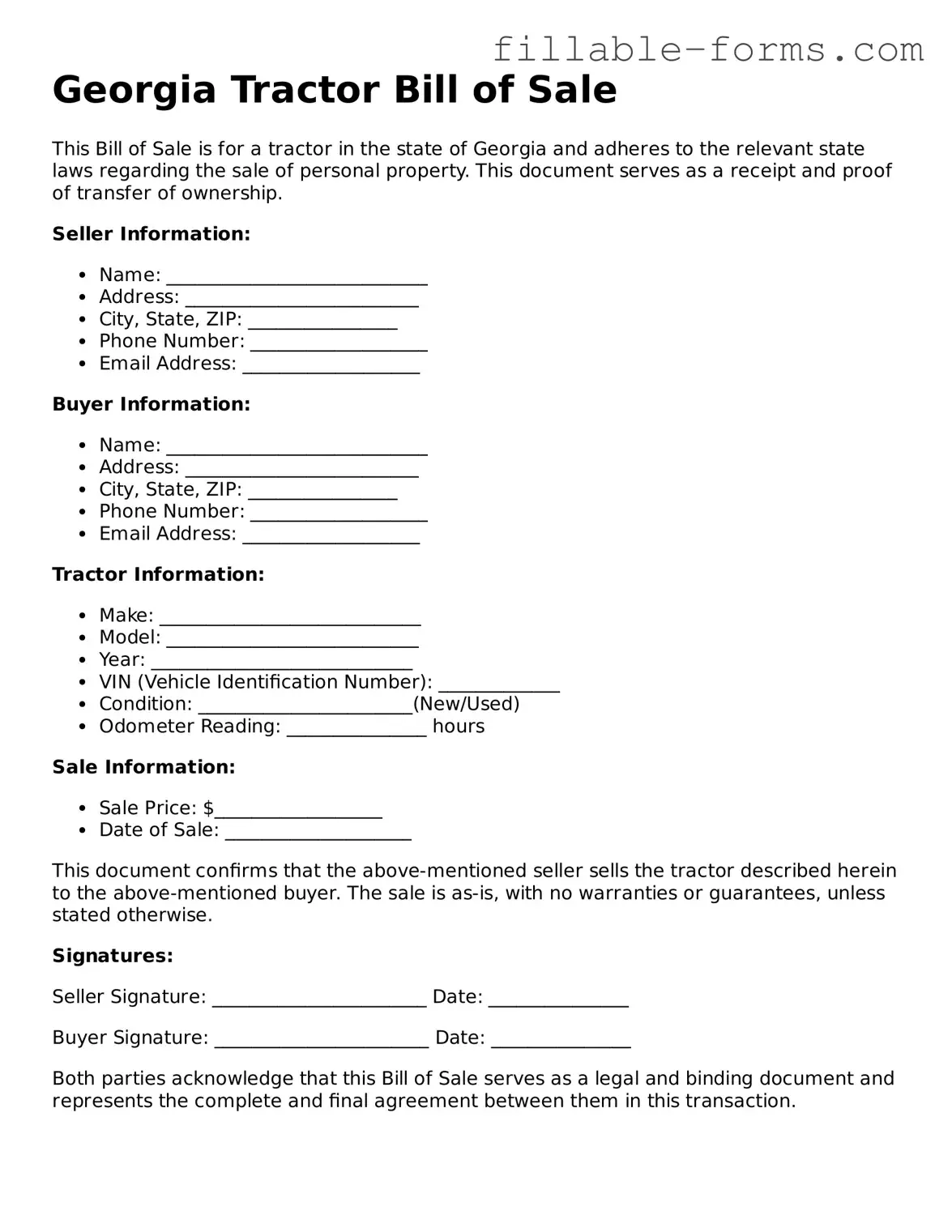 Printable  Tractor Bill of Sale Form for Georgia