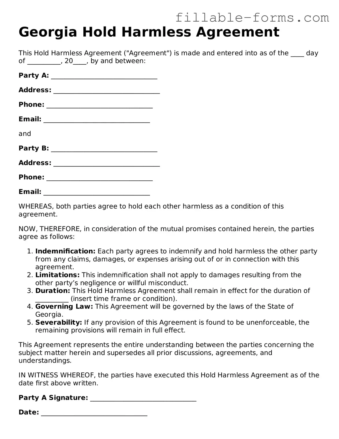 Printable  Hold Harmless Agreement Form for Georgia
