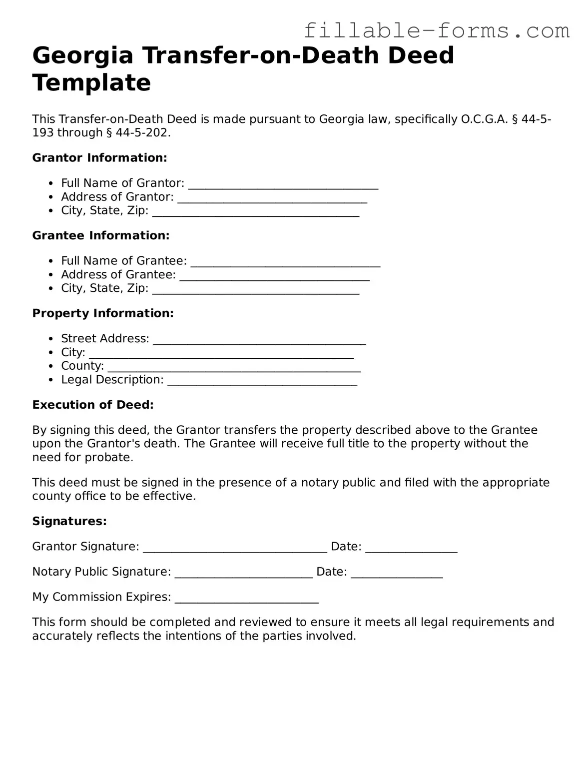 Printable  Transfer-on-Death Deed Form for Georgia