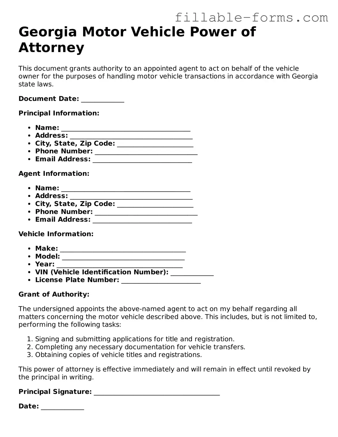 Printable  Motor Vehicle Power of Attorney Form for Georgia