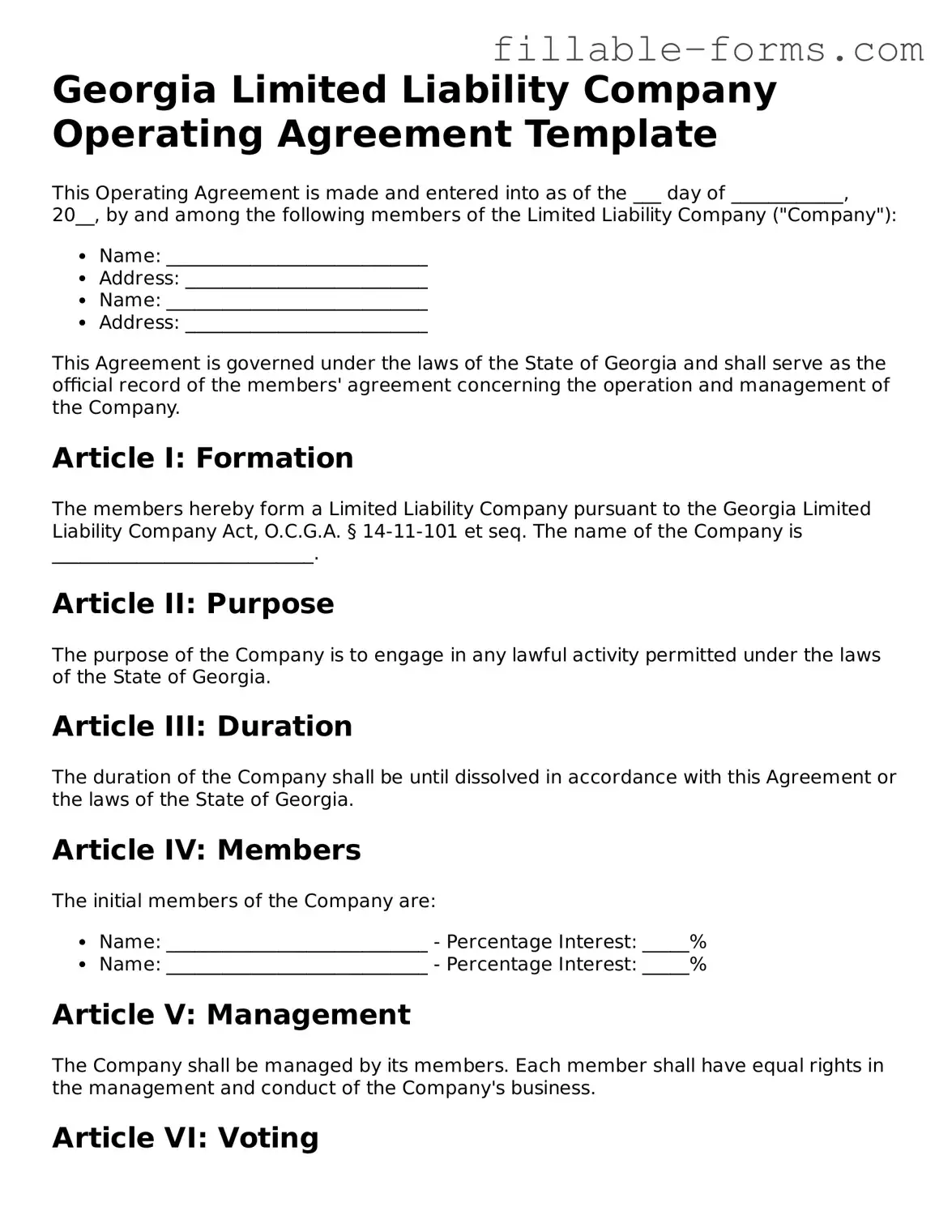 Printable  Operating Agreement Form for Georgia
