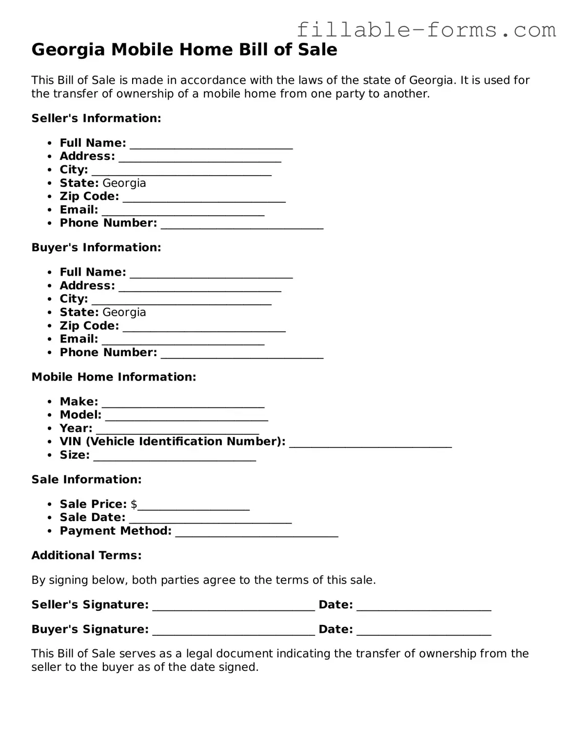 Printable  Mobile Home Bill of Sale Form for Georgia