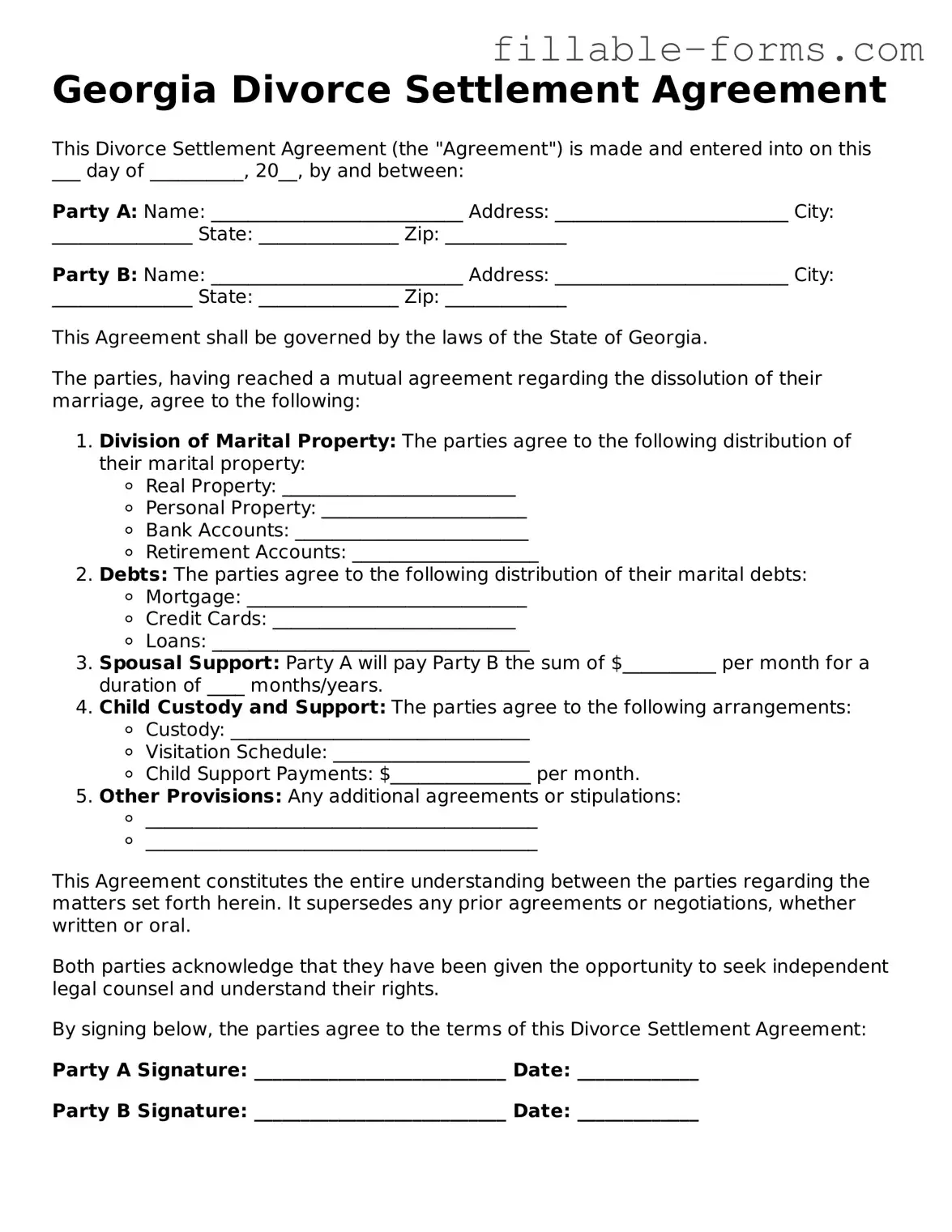 Printable  Divorce Settlement Agreement Form for Georgia