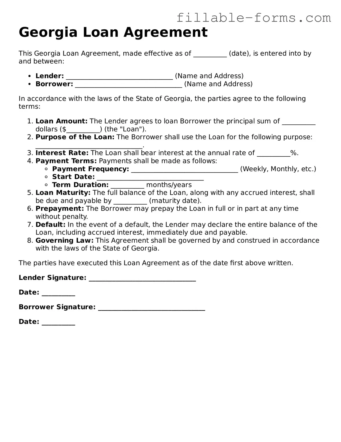 Printable  Loan Agreement Form for Georgia