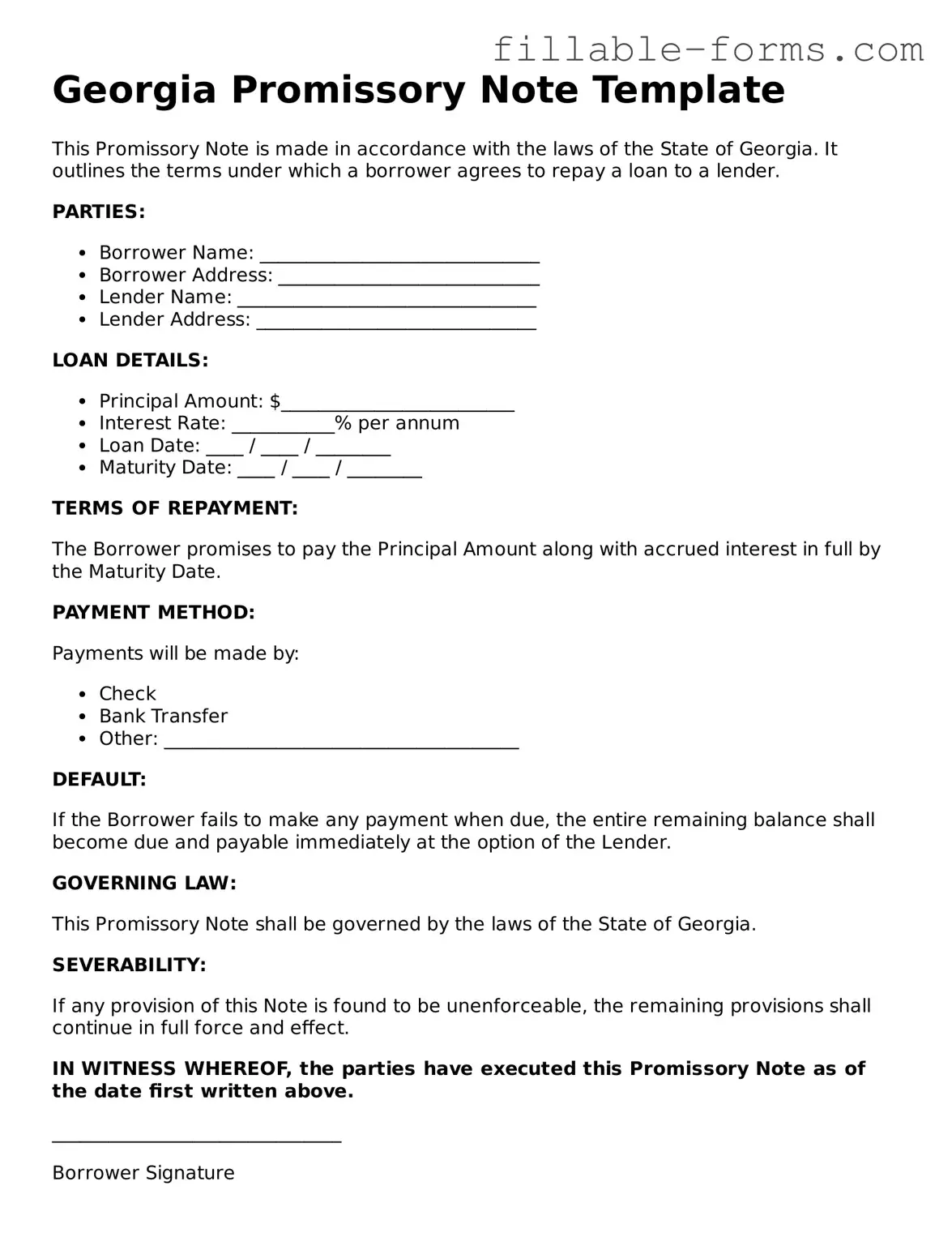 Printable  Promissory Note Form for Georgia