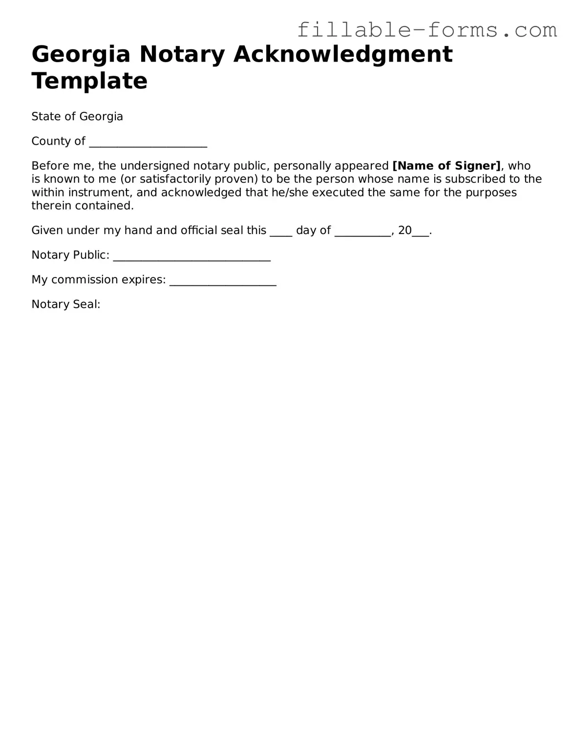 Printable  Notary Acknowledgement Form for Georgia