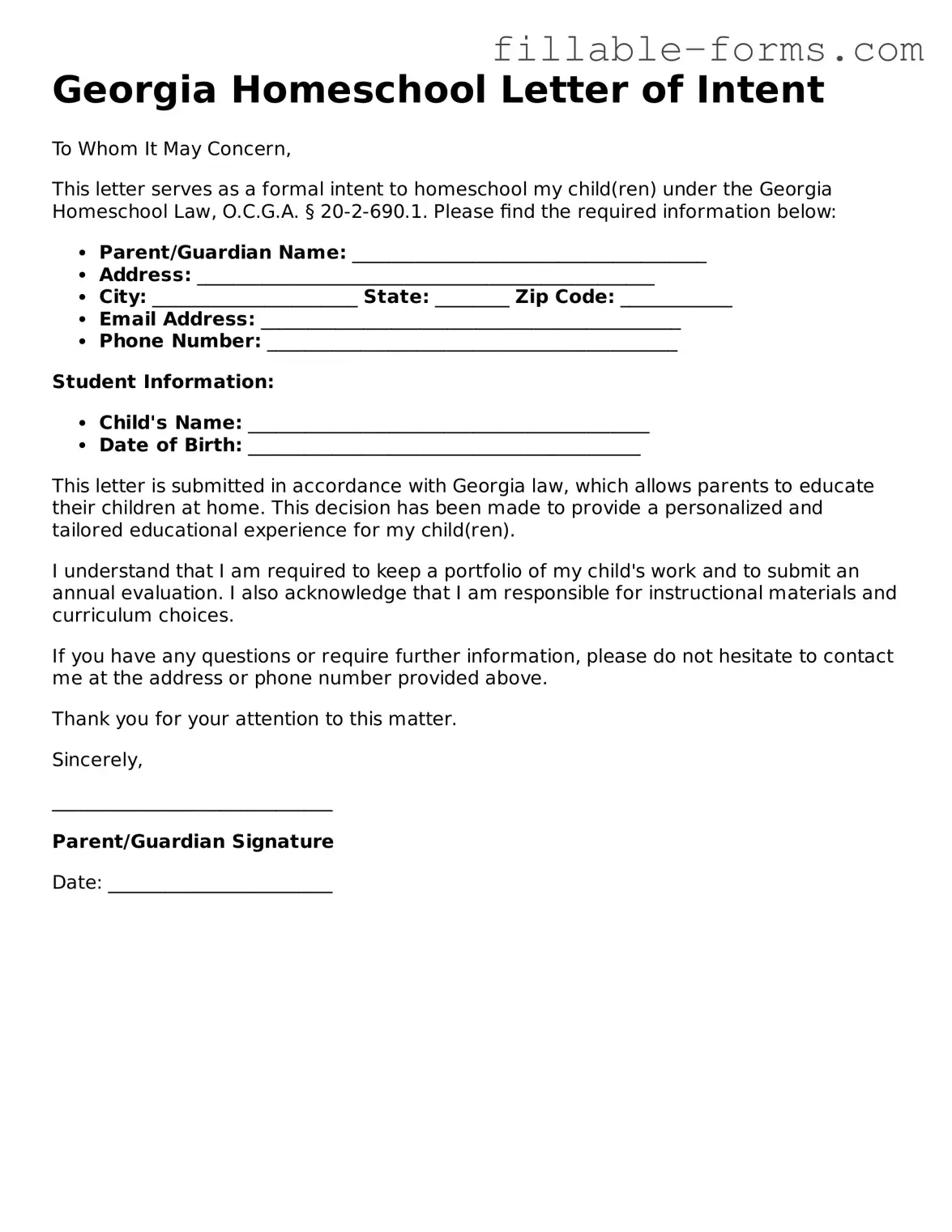 Printable  Homeschool Letter of Intent Form for Georgia