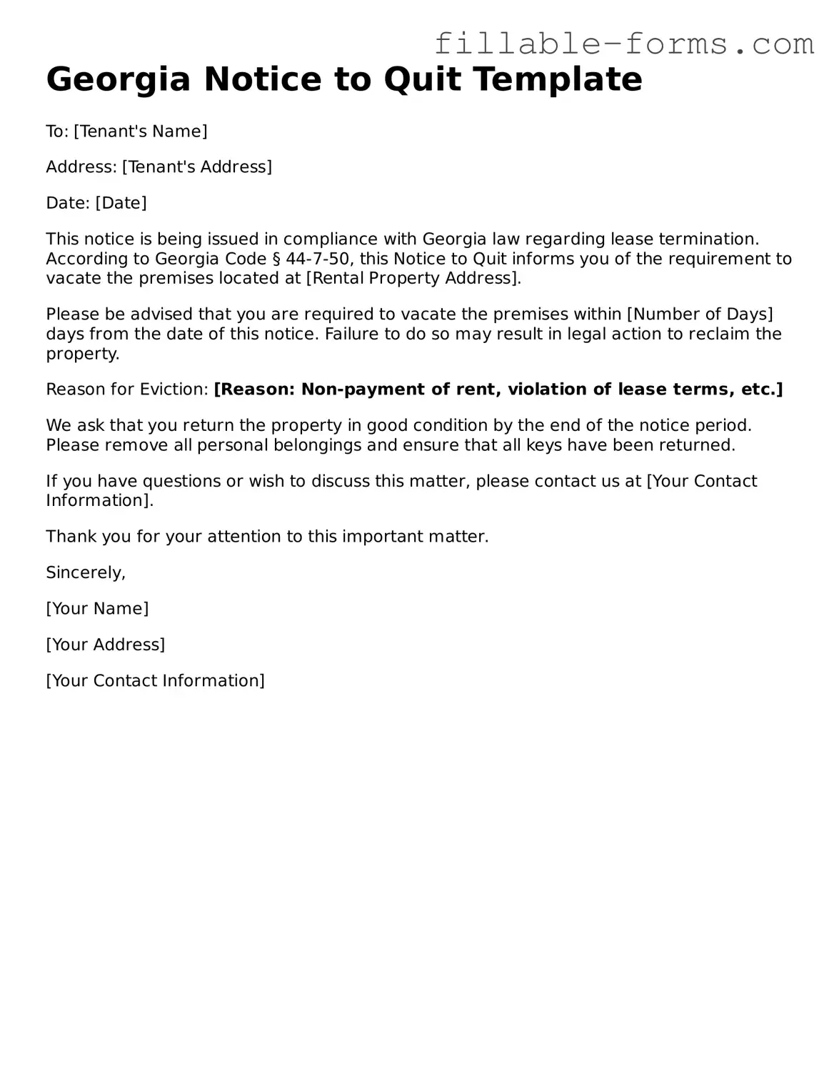 Printable  Notice to Quit Form for Georgia