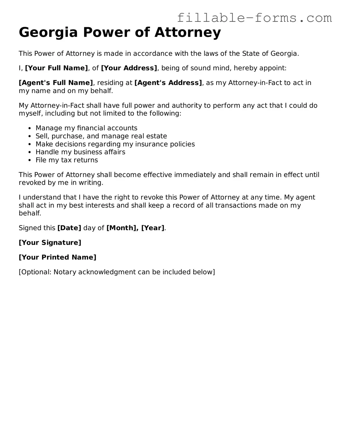 Printable  Power of Attorney Form for Georgia