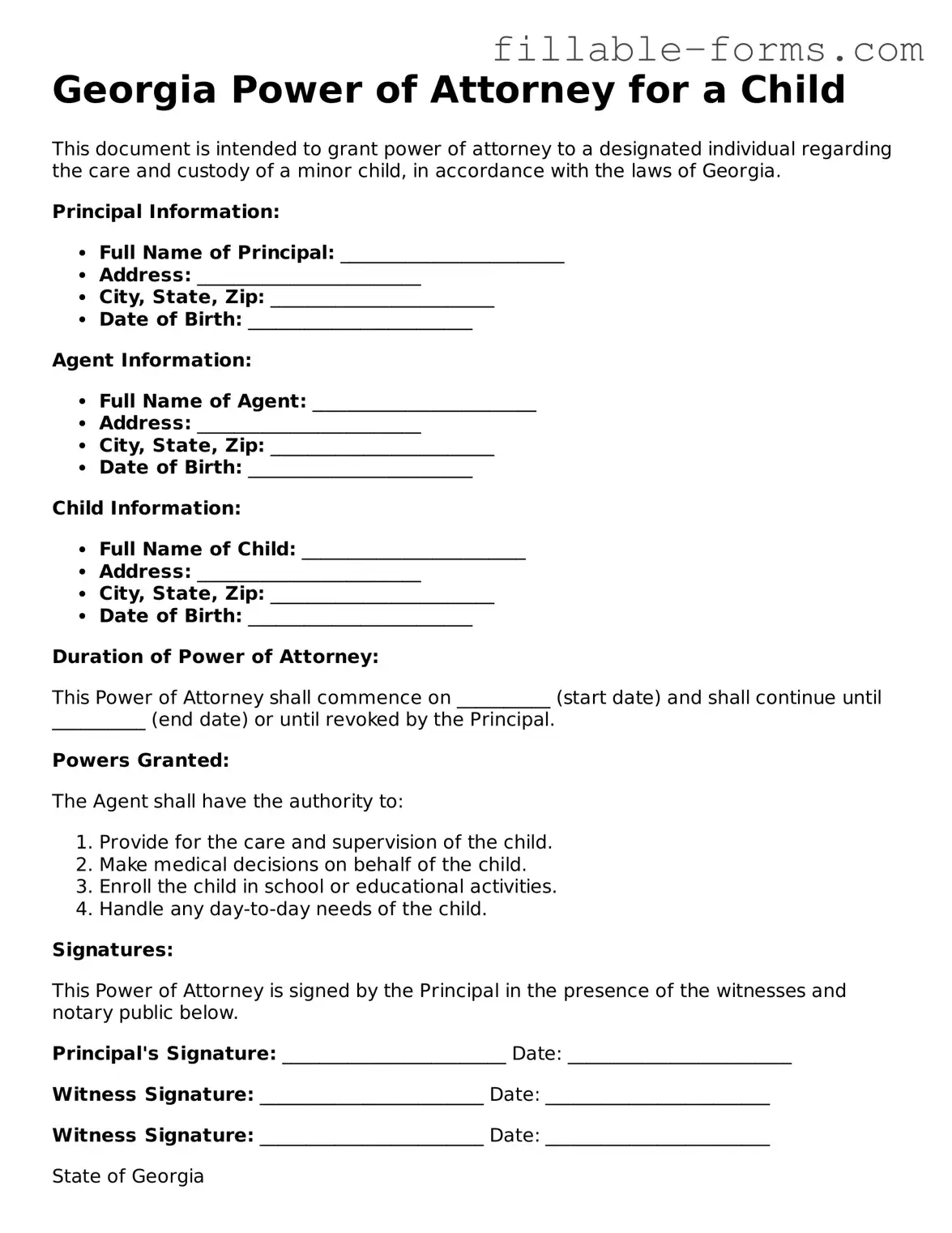 Printable  Power of Attorney for a Child Form for Georgia