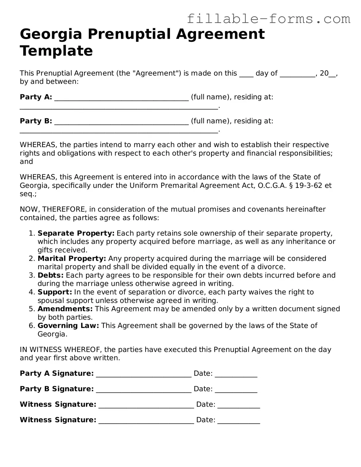 Printable  Prenuptial Agreement Form for Georgia