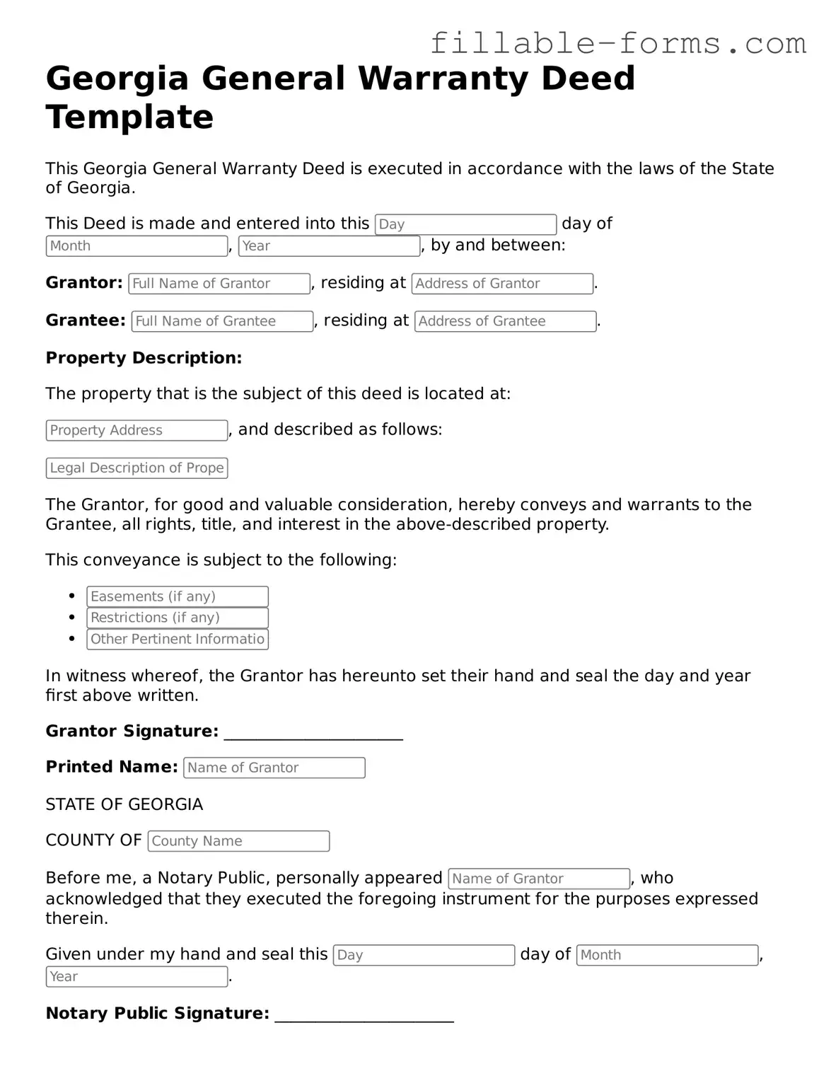 Printable  Deed Form for Georgia