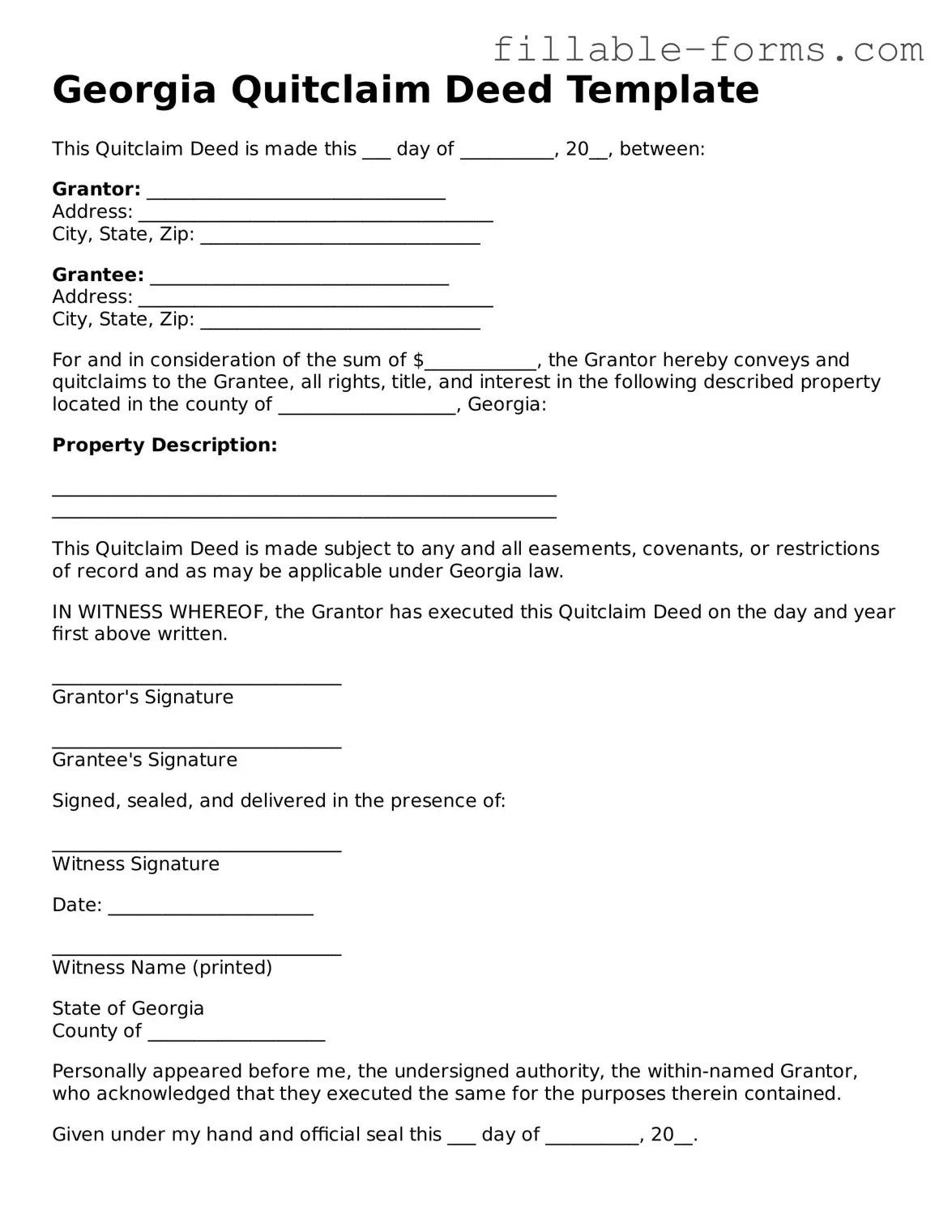 Printable  Quitclaim Deed Form for Georgia