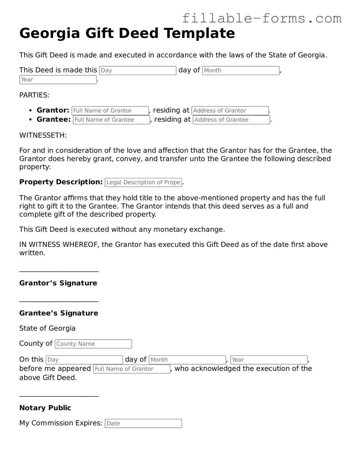 Printable  Gift Deed Form for Georgia