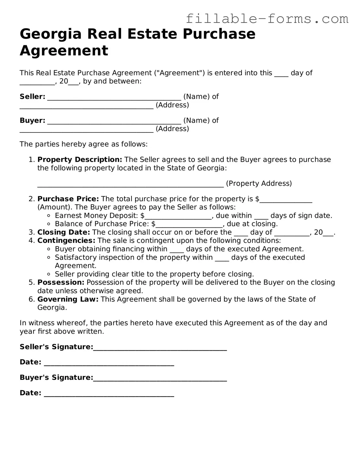 Printable  Real Estate Purchase Agreement Form for Georgia