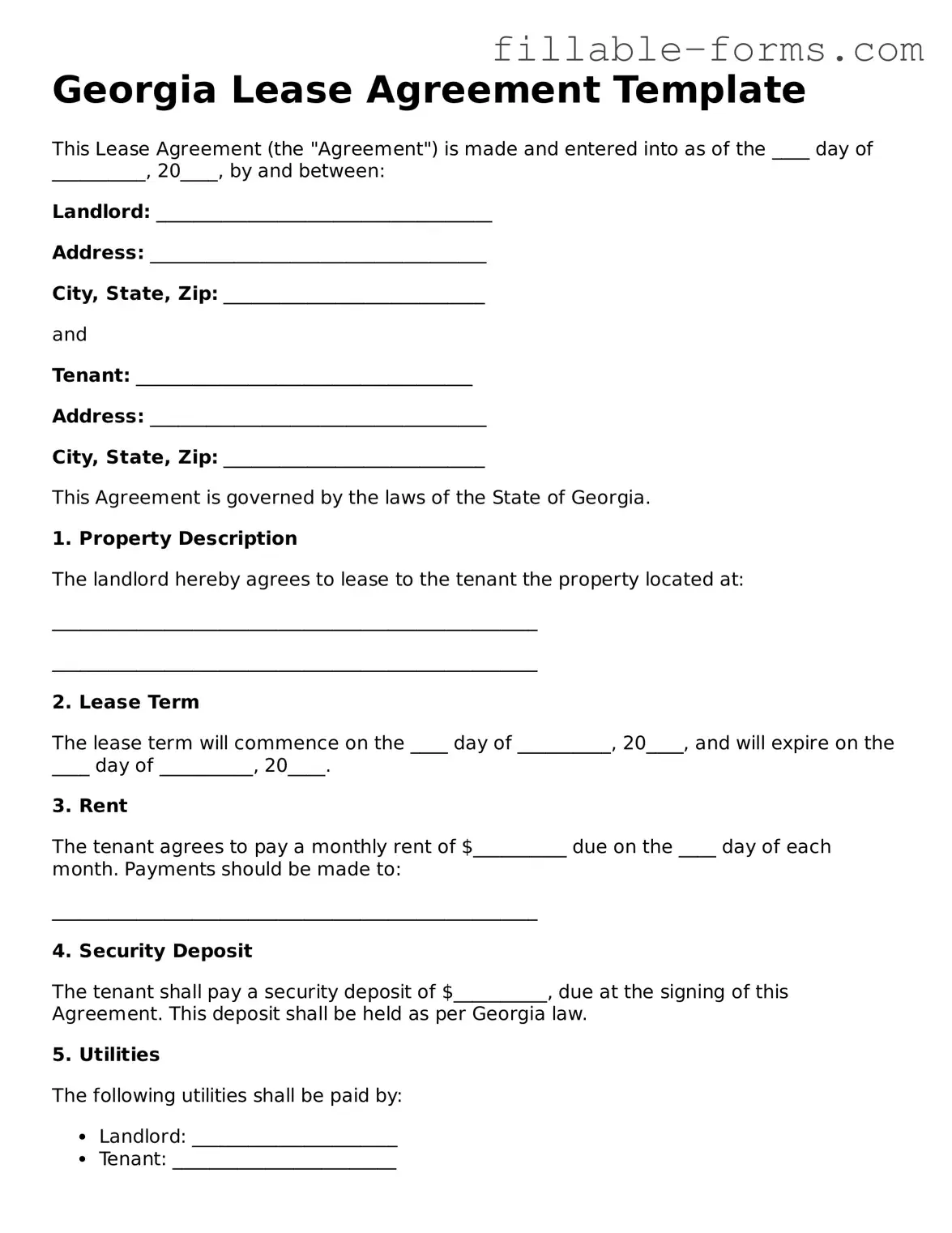 Printable  Lease Agreement Form for Georgia