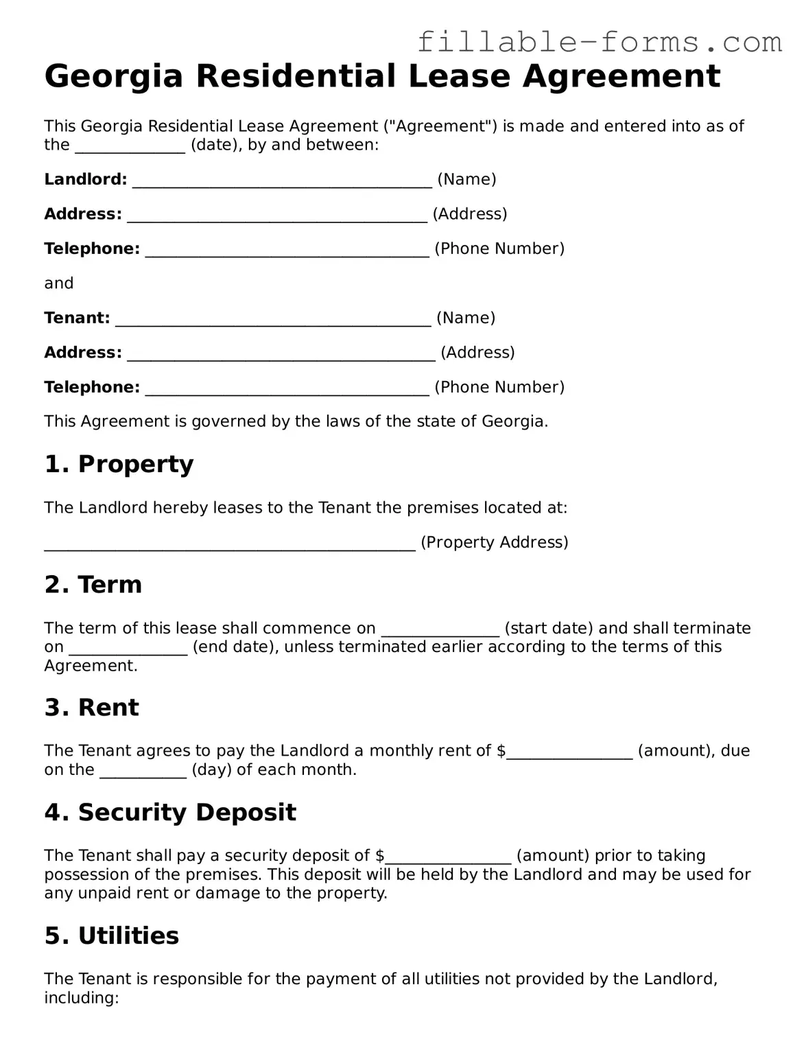 Printable  Residential Lease Agreement Form for Georgia