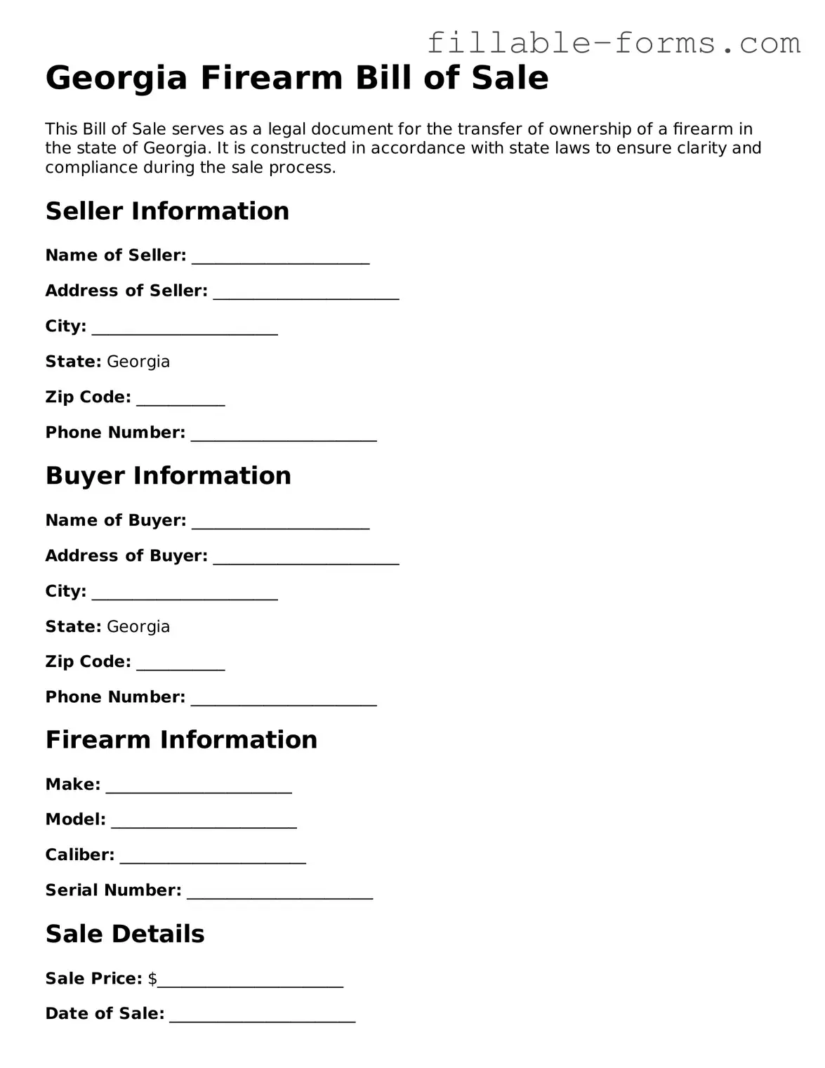 Printable  Firearm Bill of Sale Form for Georgia