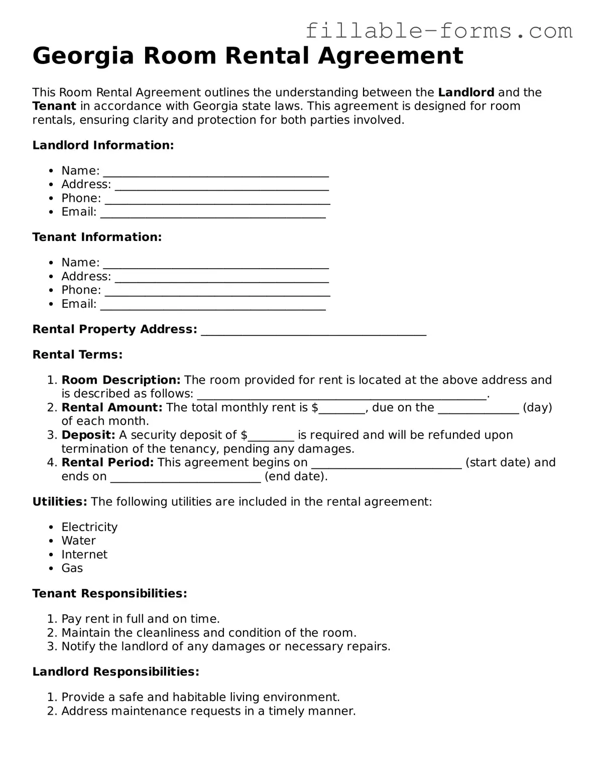 Printable  Room Rental Agreement Form for Georgia