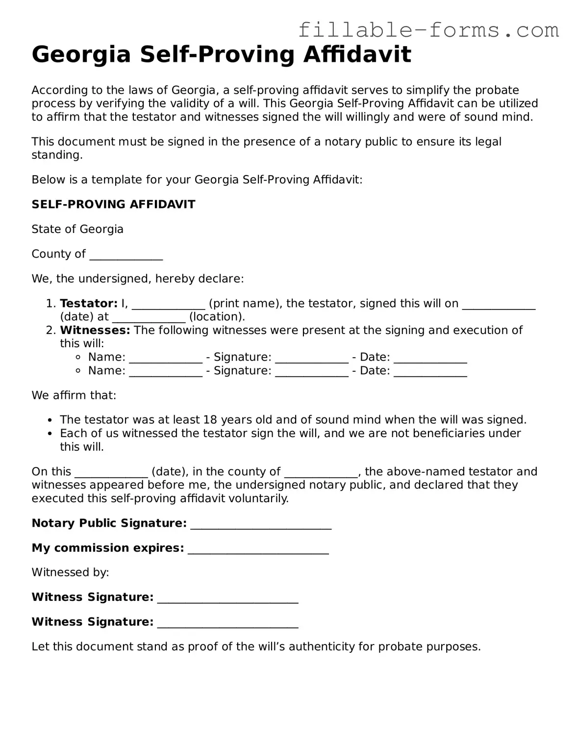 Printable  Self-Proving Affidavit Form for Georgia