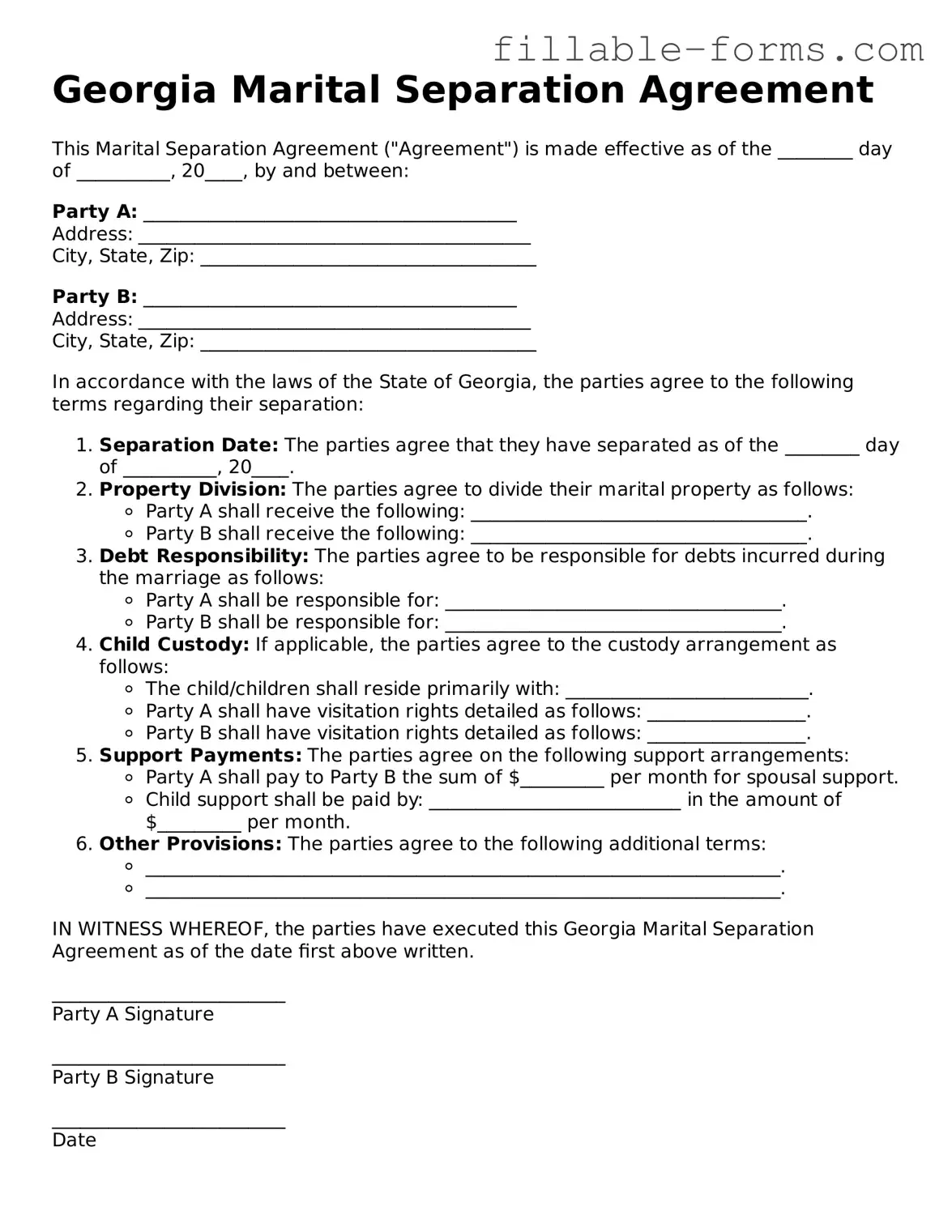 Printable  Marital Separation Agreement Form for Georgia