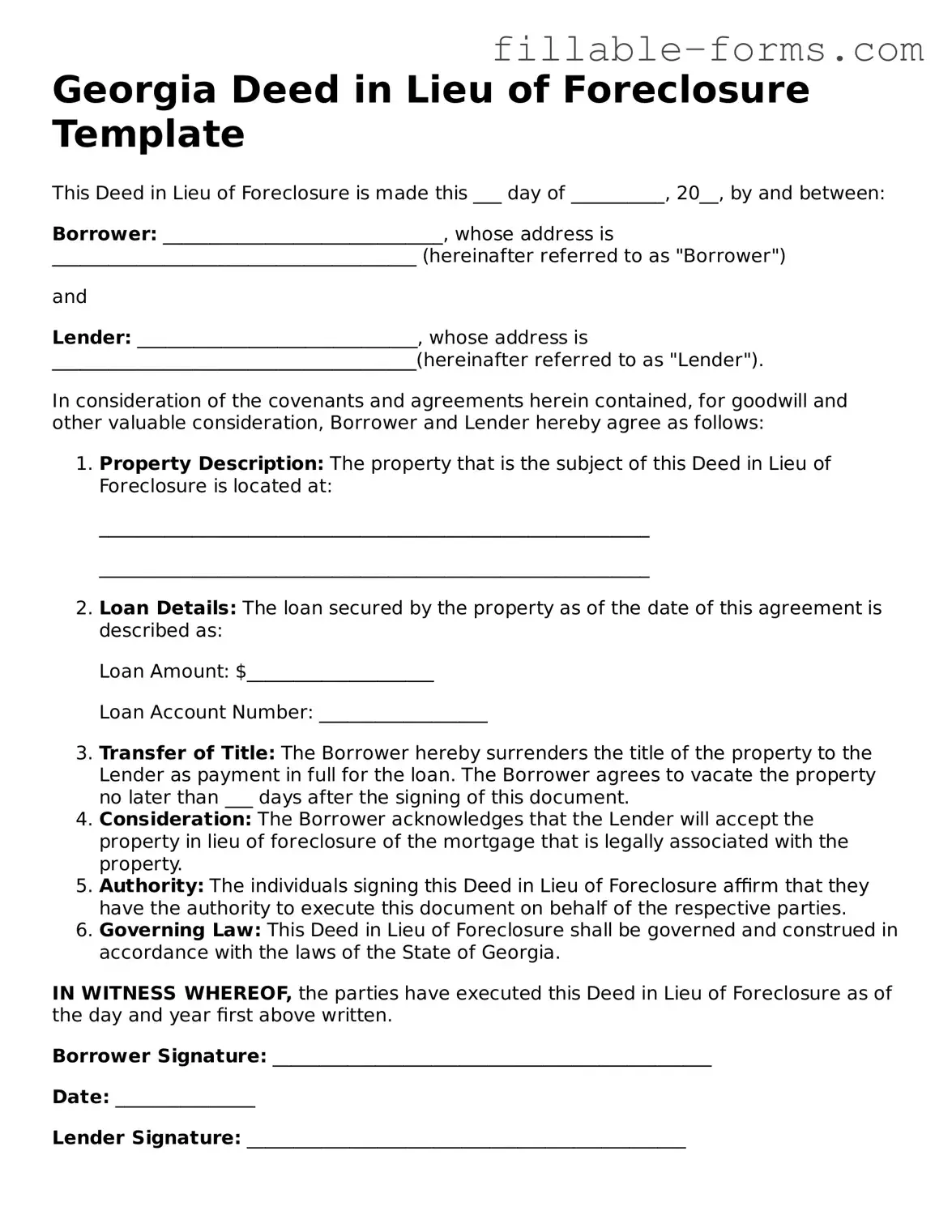 Printable  Deed in Lieu of Foreclosure Form for Georgia