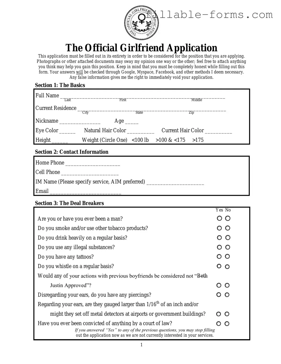 Fill Out a Valid Girlfriend Application Template
