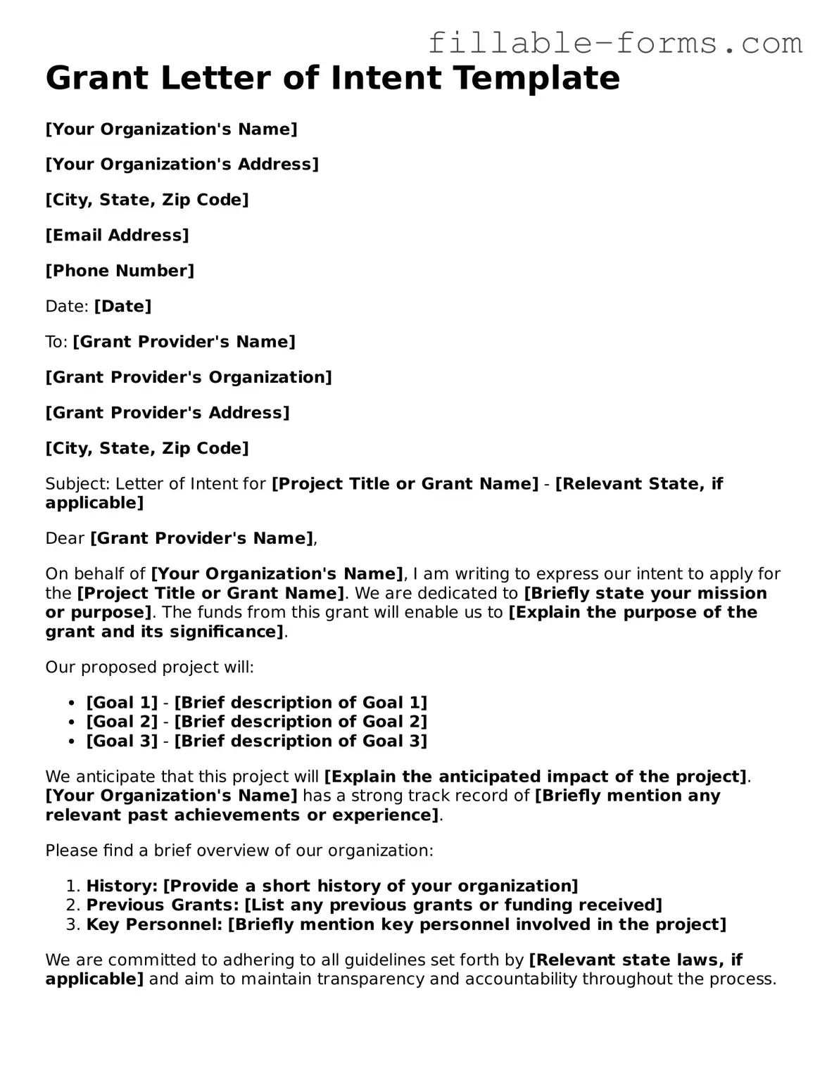 Printable Grant Letter of Intent Form