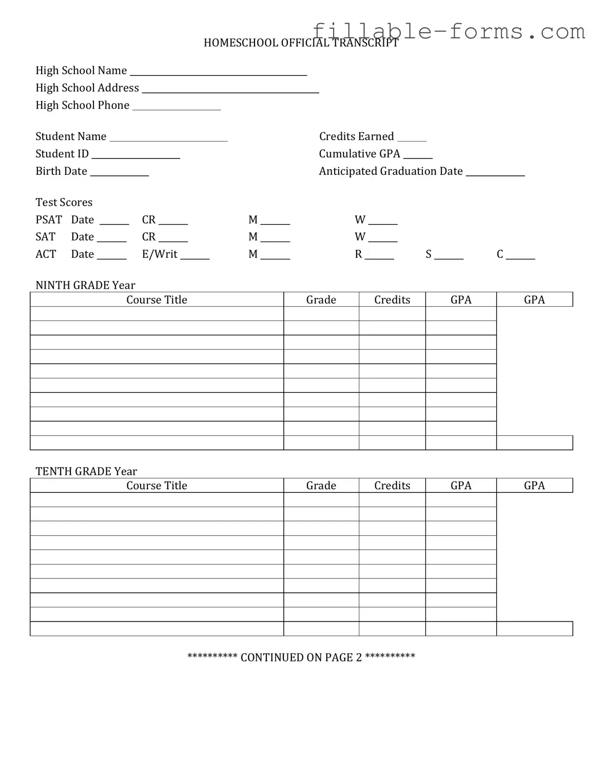 Fill Out a Valid High School Transcript Template