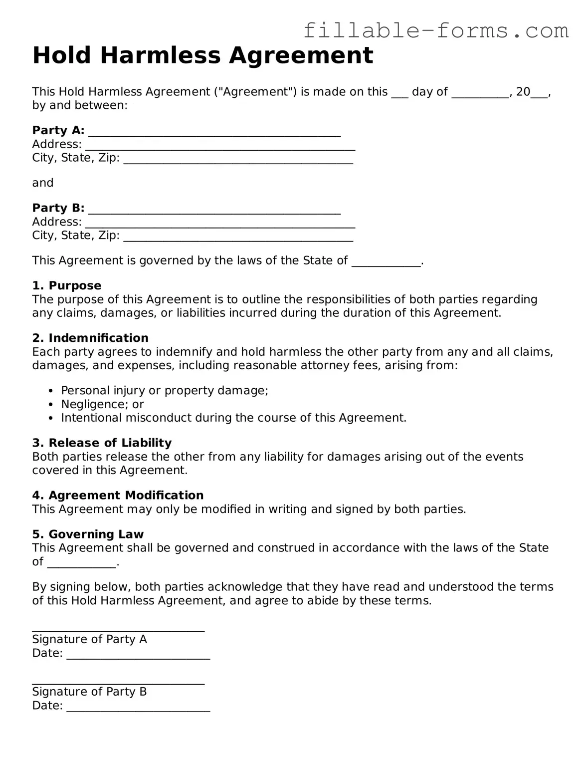 Printable Hold Harmless Agreement Form