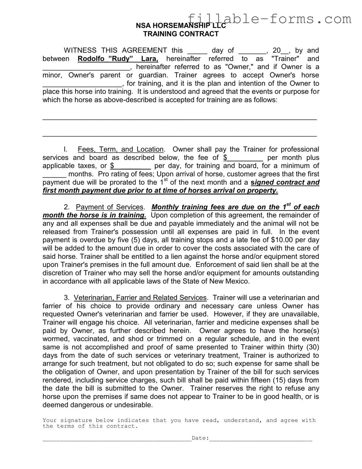 Fill Out a Valid Horse Training Contract Template
