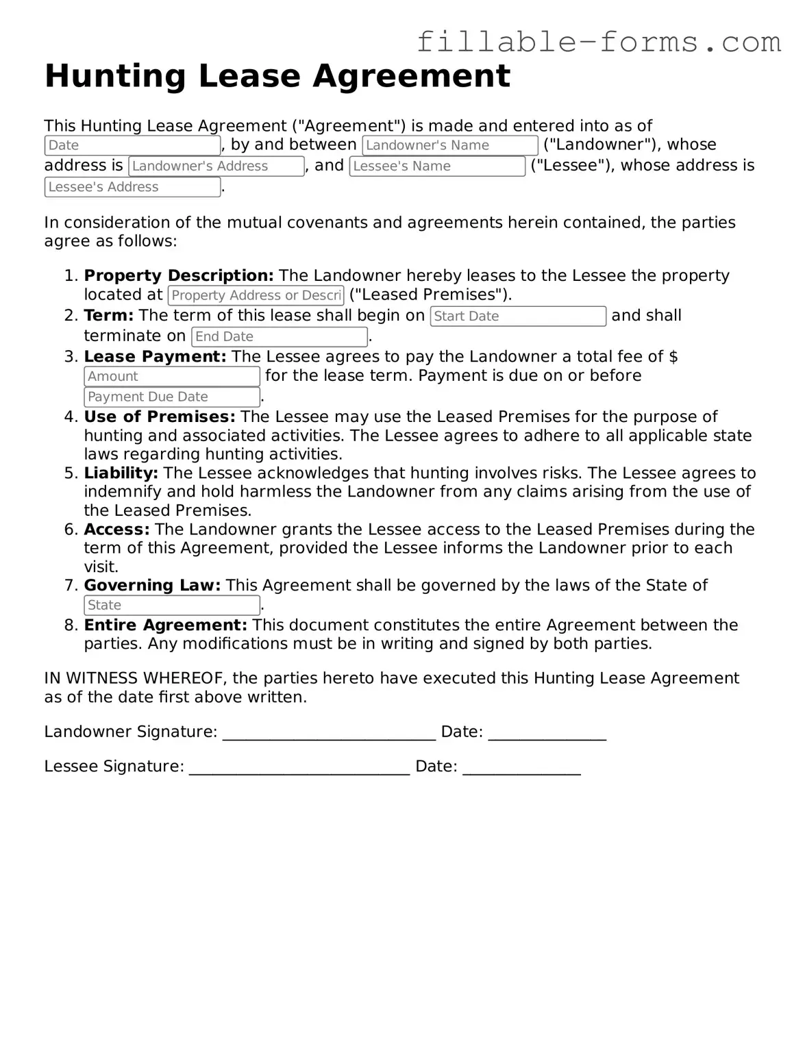 Printable Hunting Lease Agreement Form