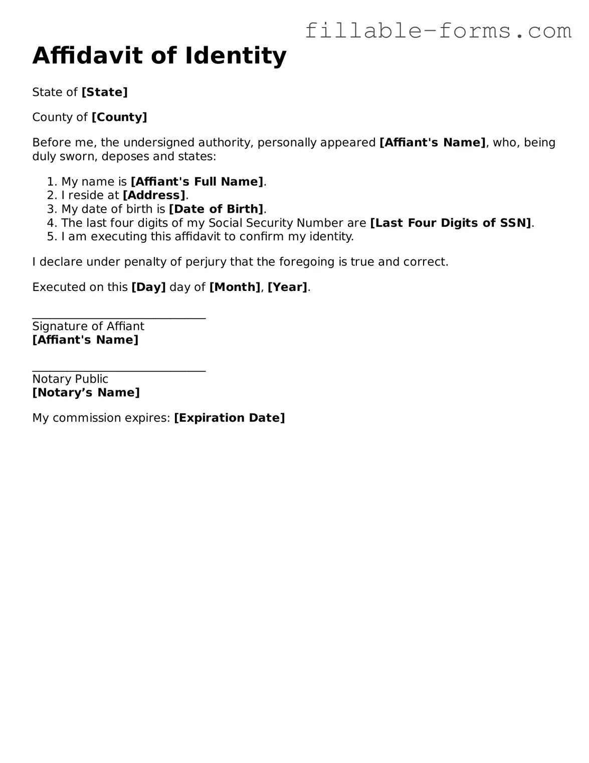 Printable Affidavit of Identity Form