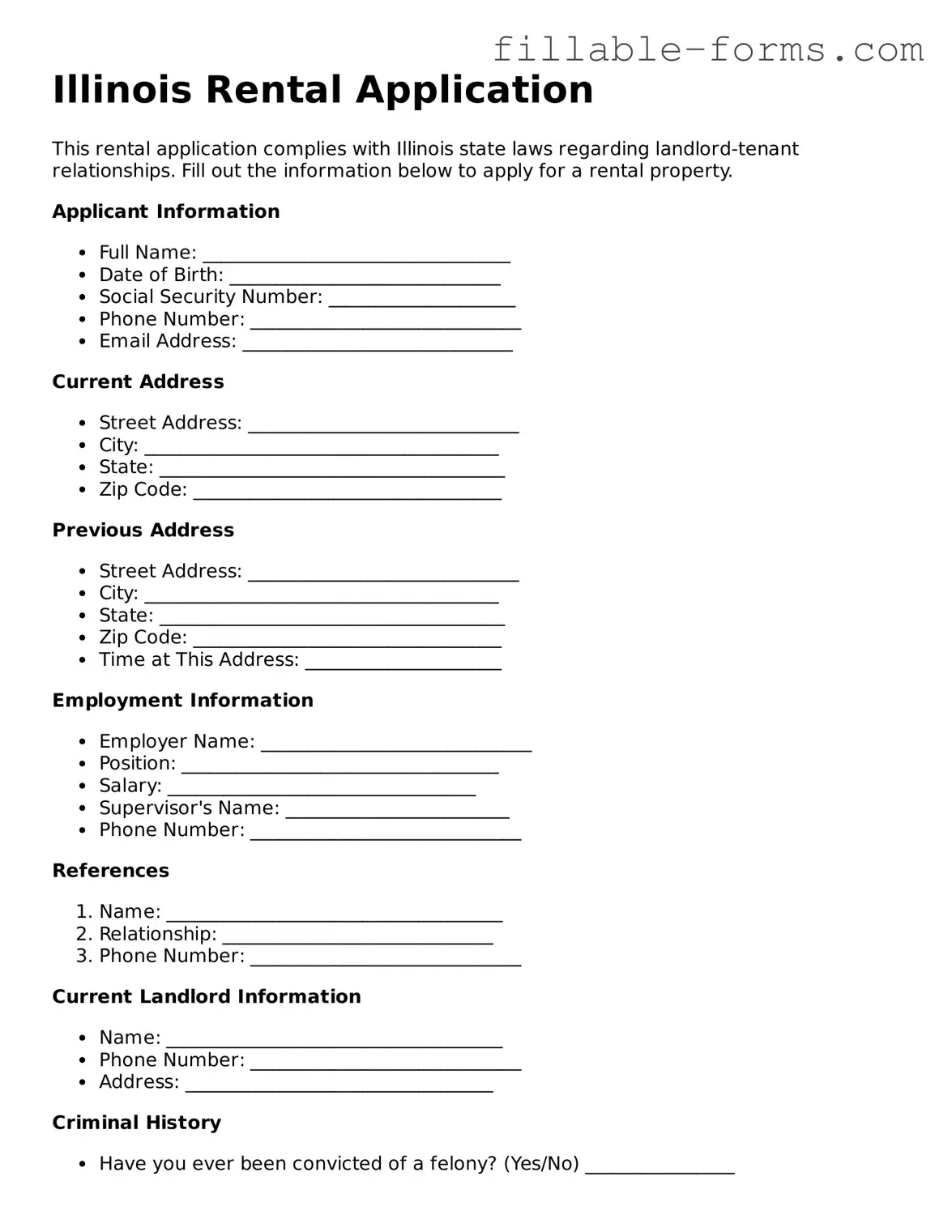 Printable  Rental Application Form for Illinois