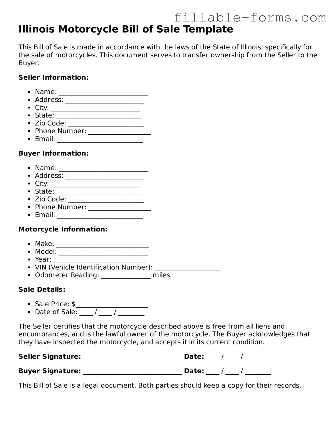 Printable  Motorcycle Bill of Sale Form for Illinois